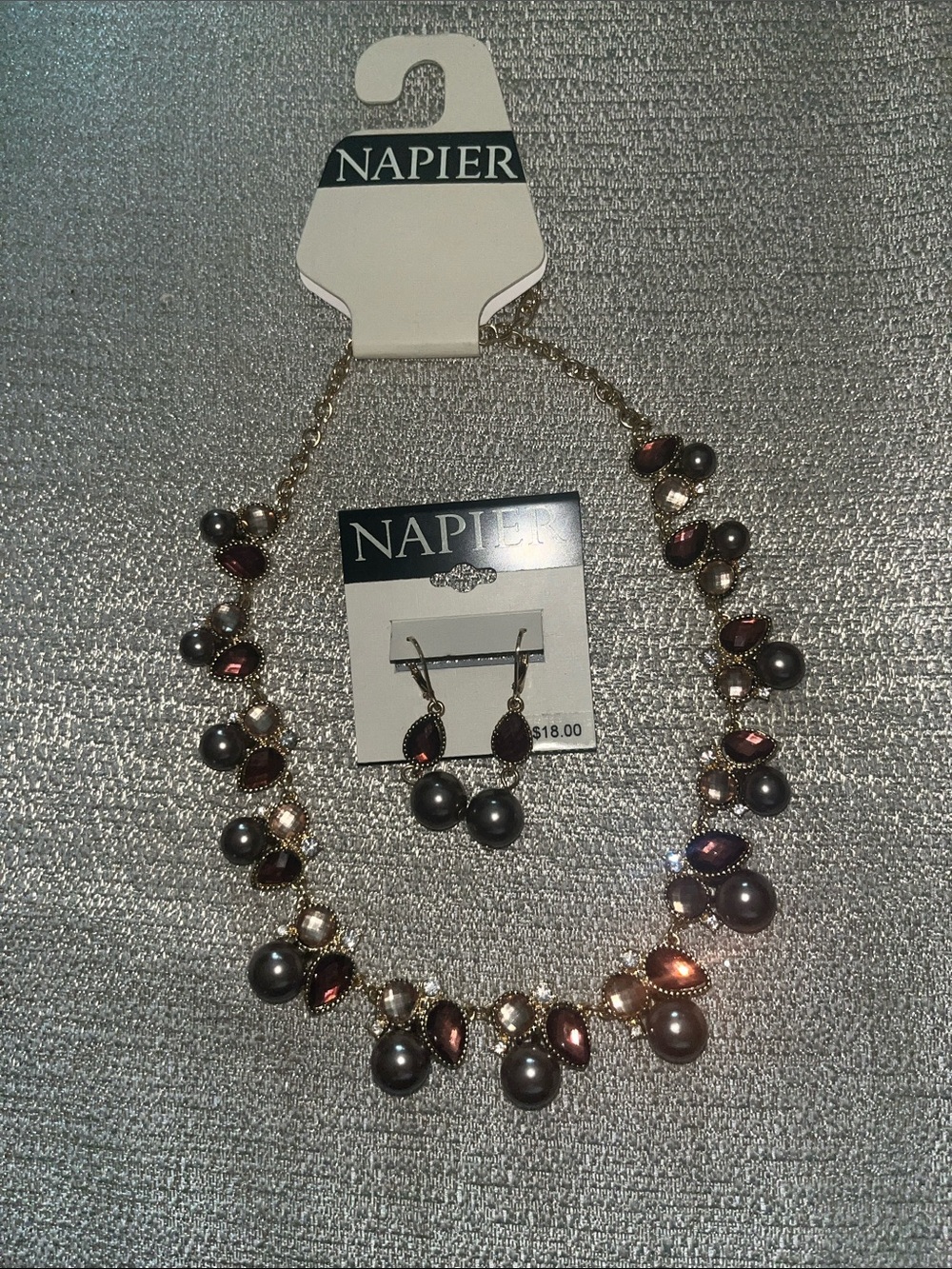 Napier Gray Pearl Necklace with Maroon Crystal Accents and Earrings